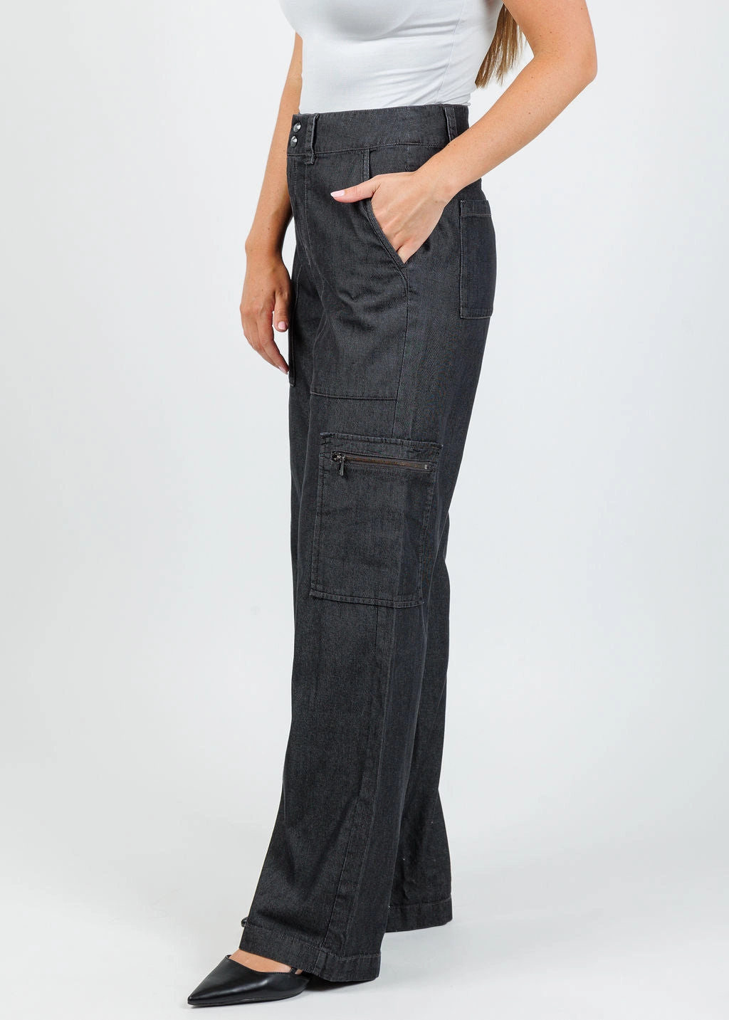 Danni Denim Cargo Pants - Black Wash Modern Fit SmoothZipper