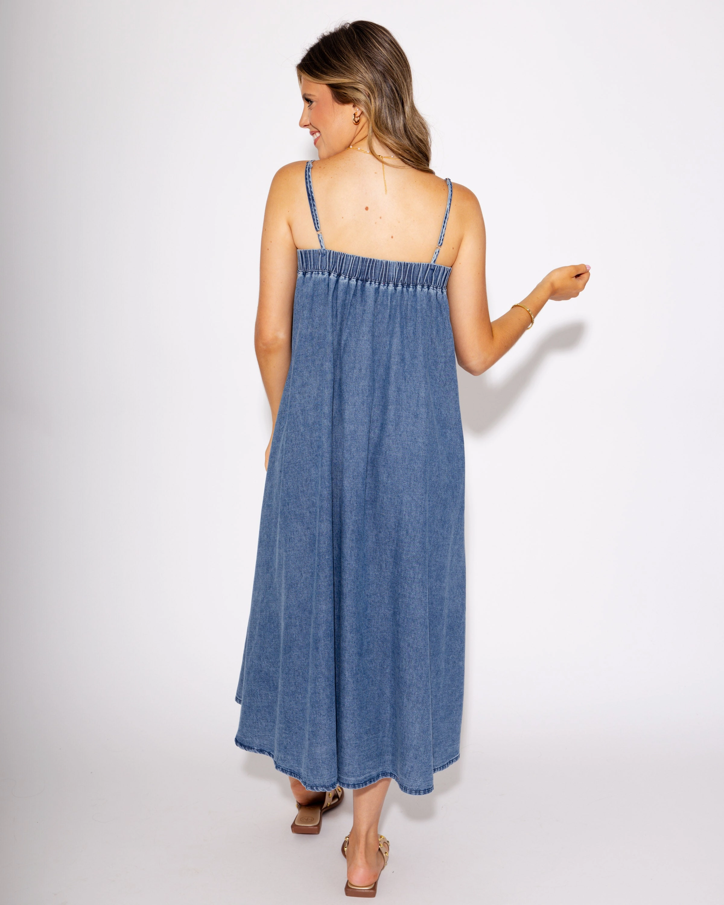 Darling Denim Pleated Midi Dress Simple Shape Mesh-Detail