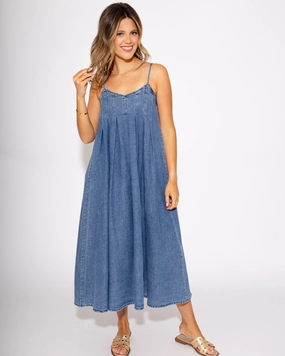 Darling Denim Pleated Midi Dress Easy Lovely