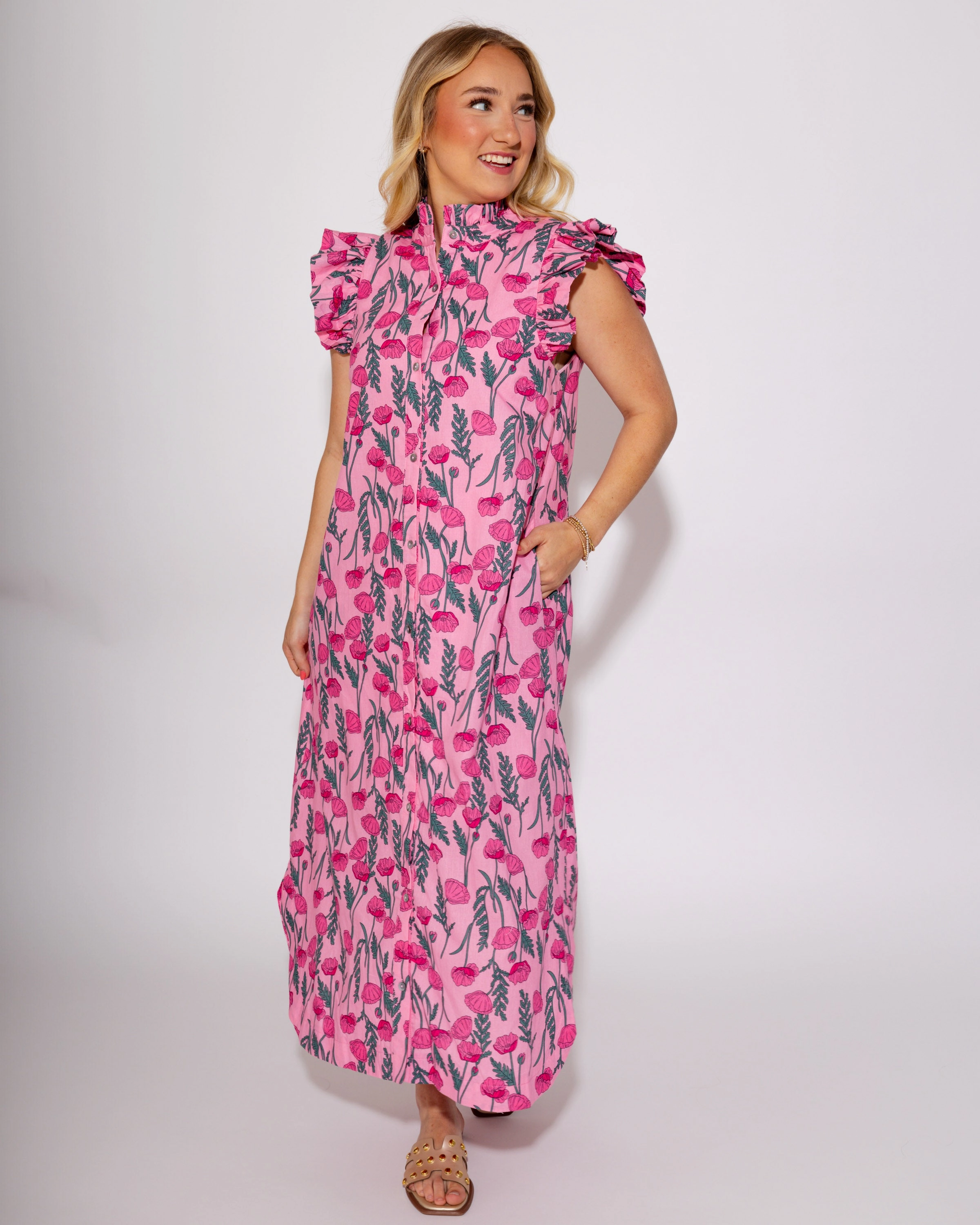 Blush Bloom Midi Dress Button Accent