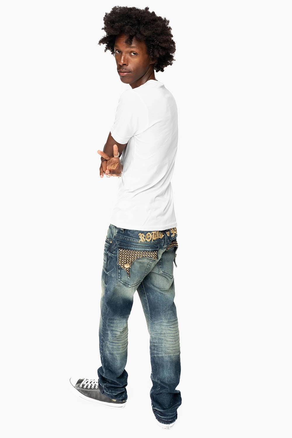 Fashionable Design KILLER FLAP MENS STRAIGHT LEG JEAN IN 4D DARK BLUE WASH EMBELLISHED WITH CRYSTALS