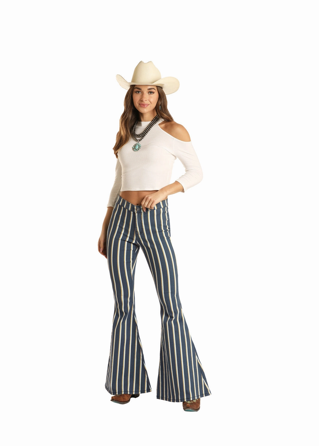 Rock & Roll Cowgirl  Navy Striped Bell Bottom Jeans Reinforced Belt Loops
