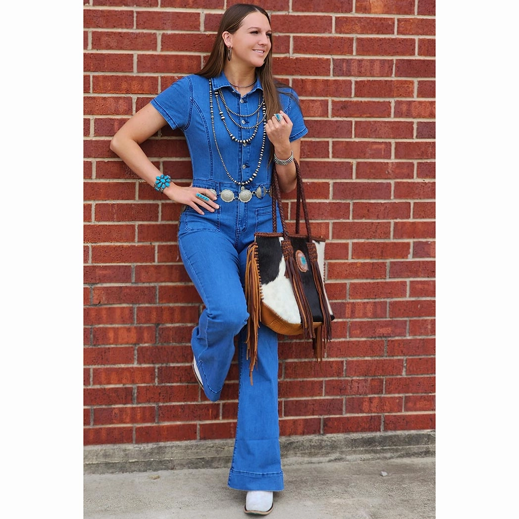 Denim Button Jumpsuit Grid Back Panel