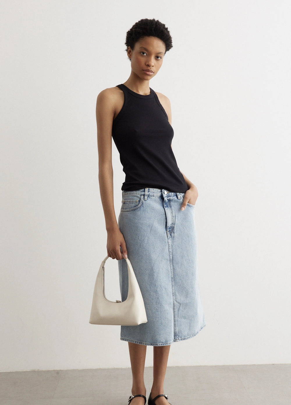 Denim Midi Skirt Layer Combo lace accents