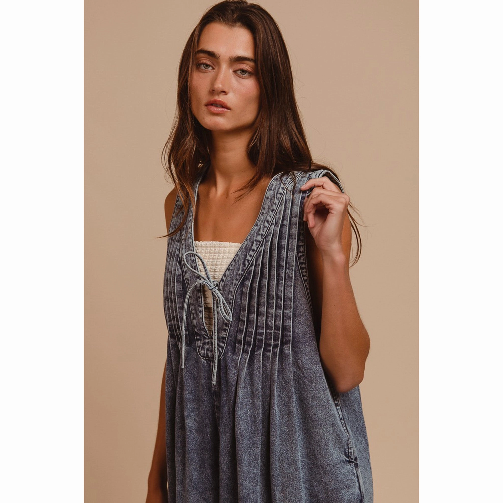 Versatile Waist Design Classic Wear Party Look Denim Pintuck Jumpsuit