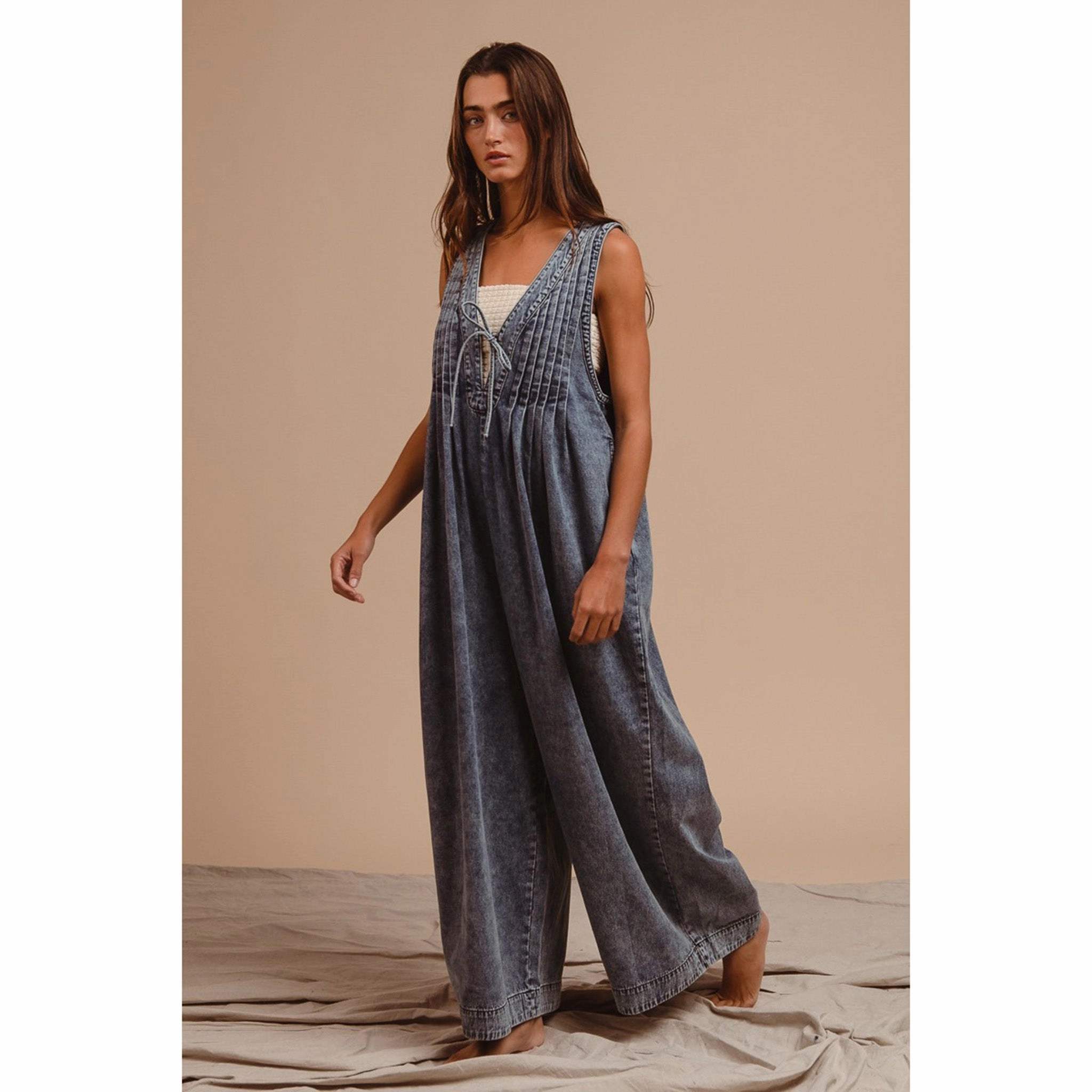 slim fit Denim Pintuck Jumpsuit