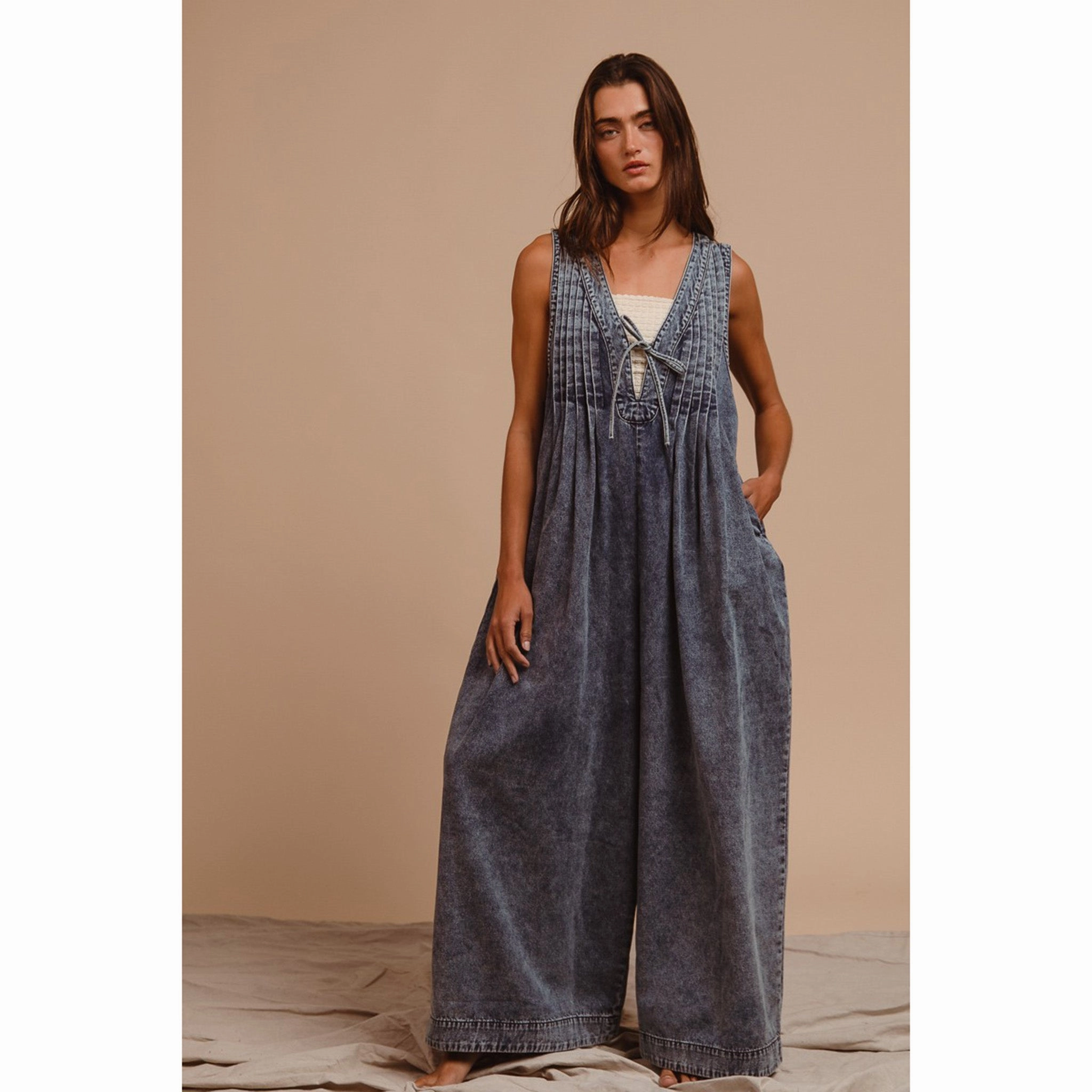Denim Pintuck Jumpsuit All Around Fit Evening Stroll Comfy