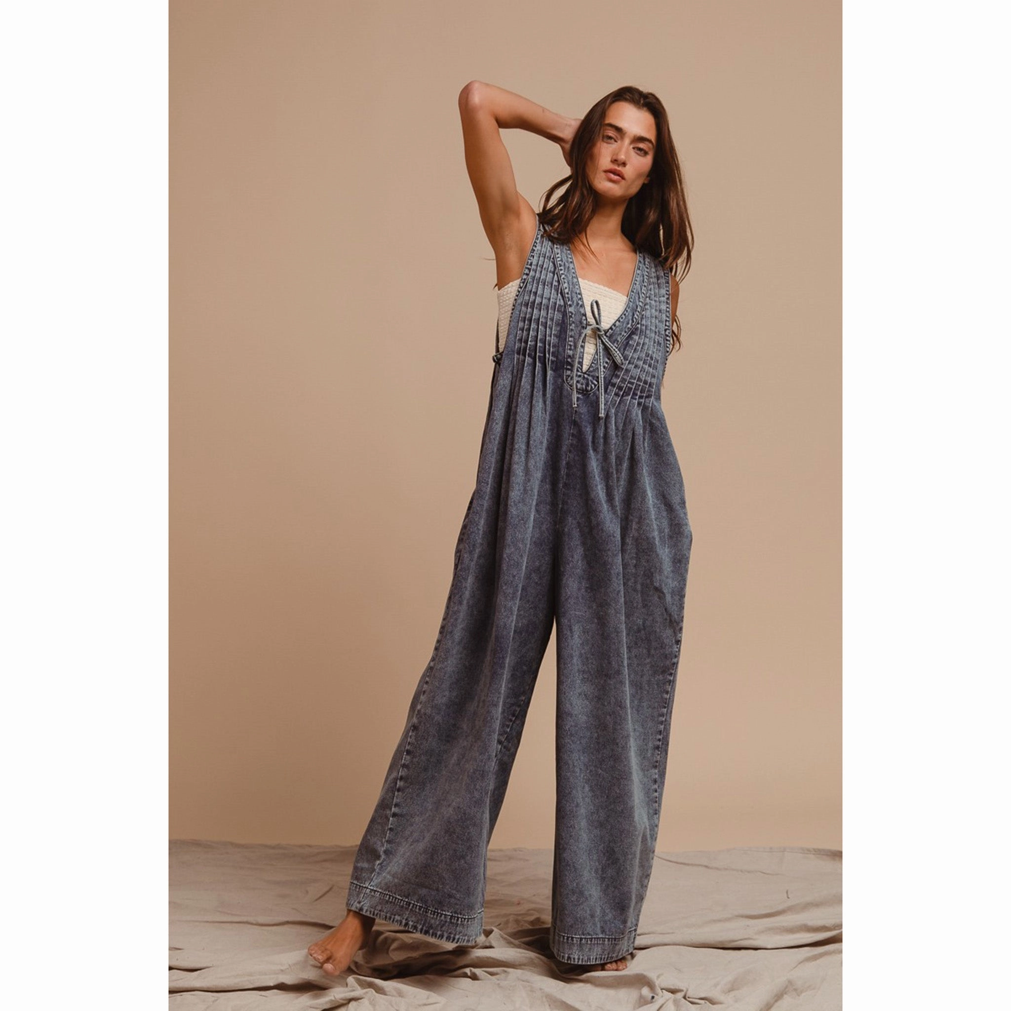 Denim Pintuck Jumpsuit Relaxed Waist Functional Waistband