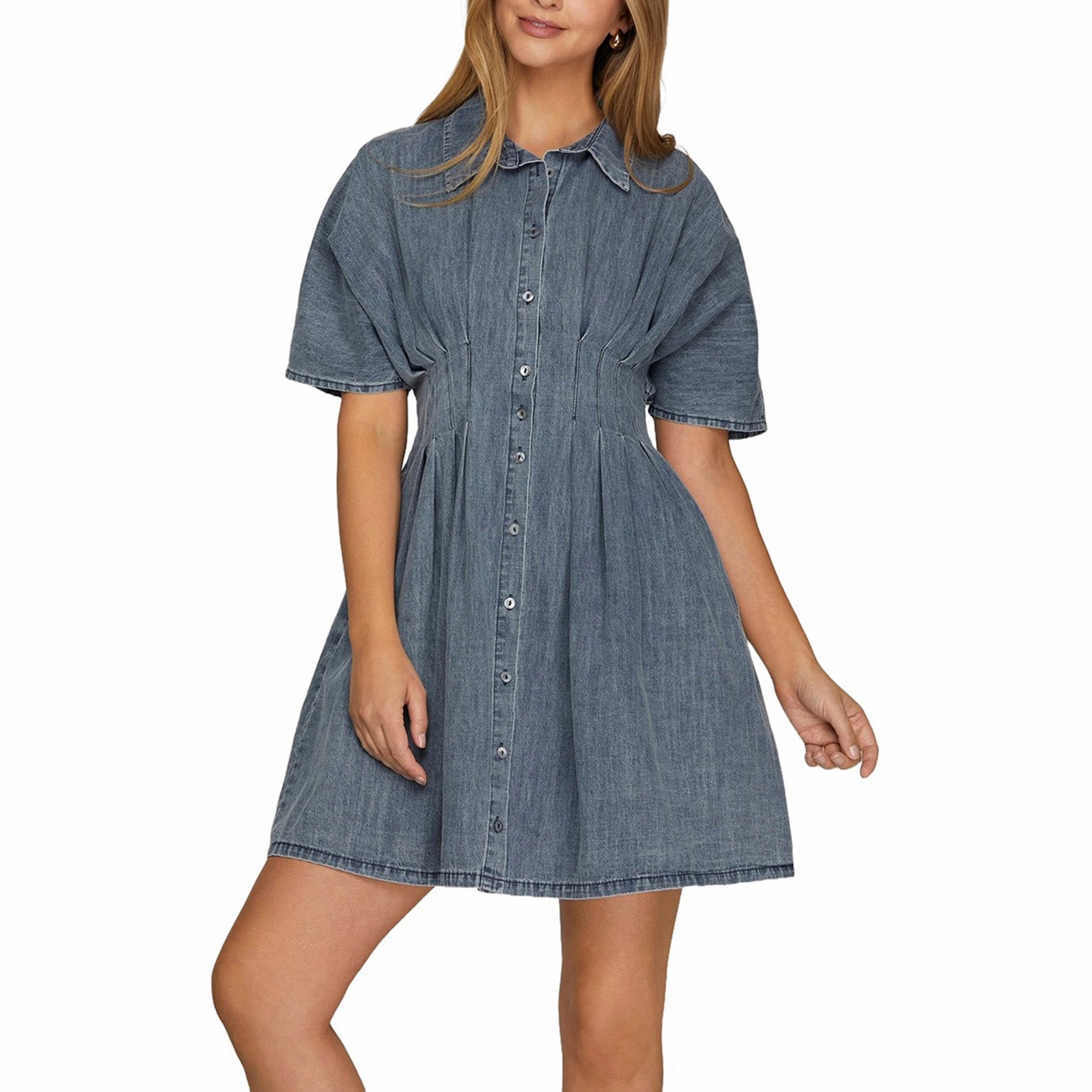 Denim Smock Short Sleeve Dress Chic and Cozy Wear Quilted-Texture