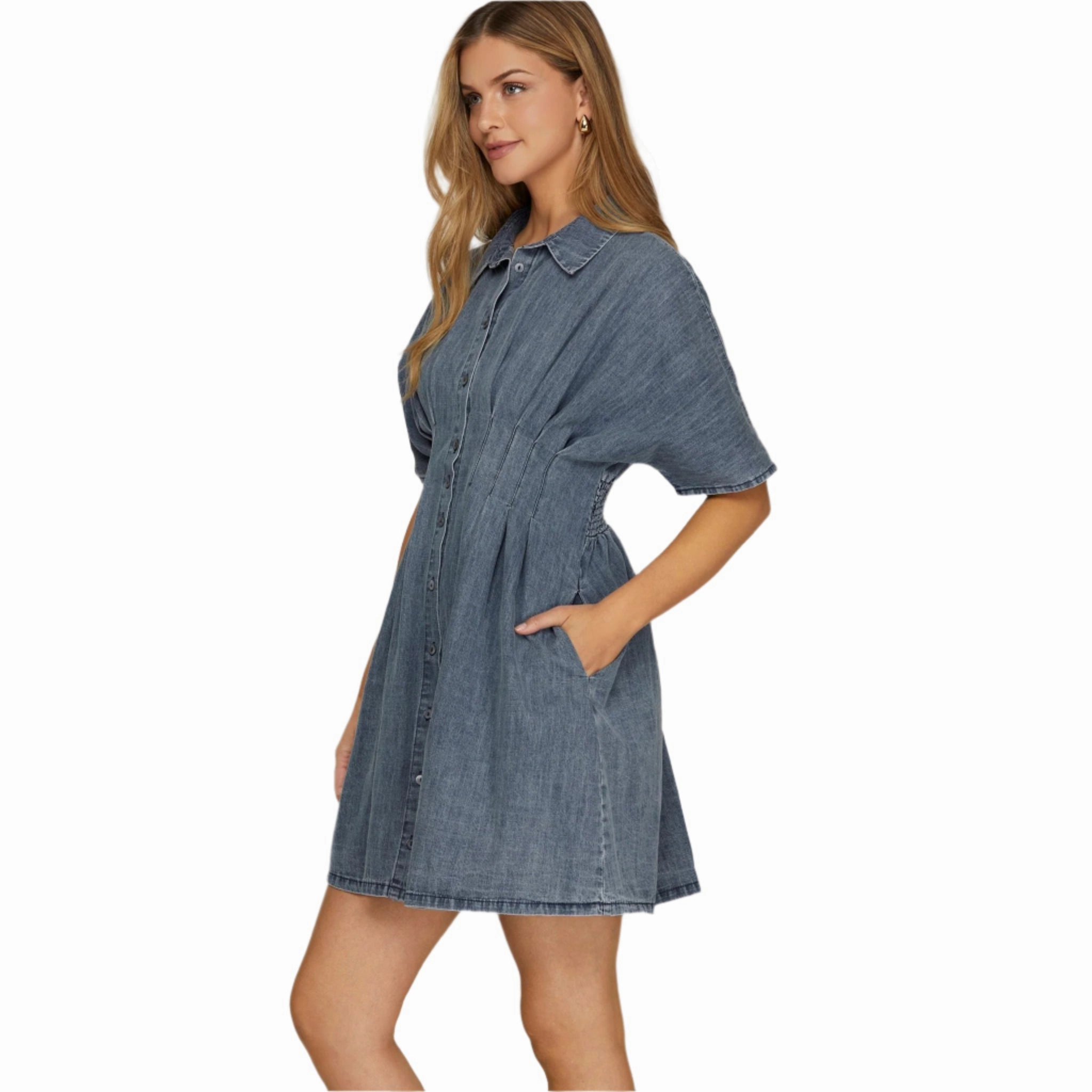 Perfect Look One-Shoulder Denim Smock Short Sleeve Dress