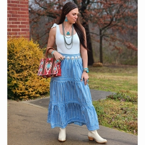Smooth Lines light layering Denim Stripe Midi Skirt w/ Pockets