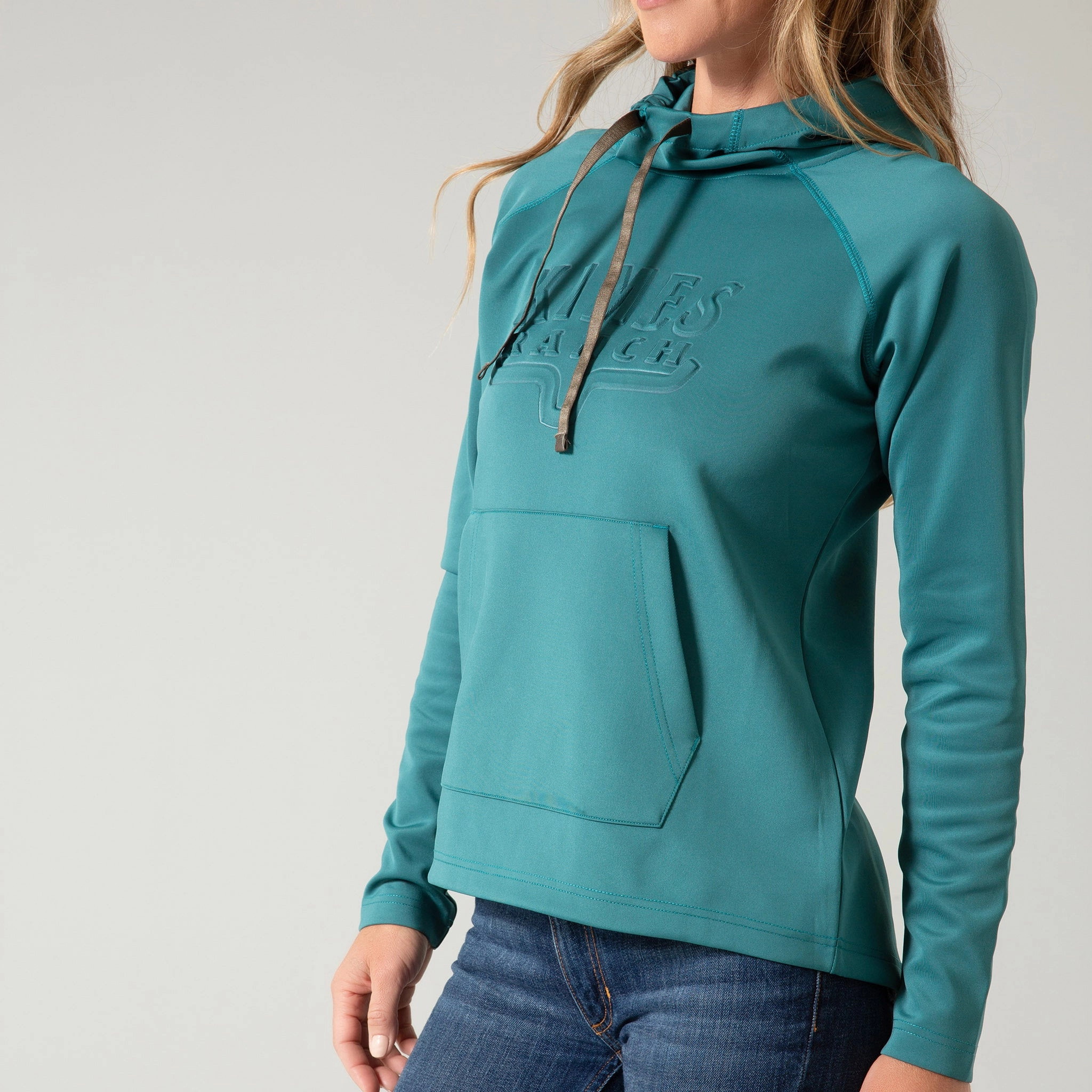 Kimes Women's Teal Embossed Kimes Hoodie Thermal Insulation Bomber Cut