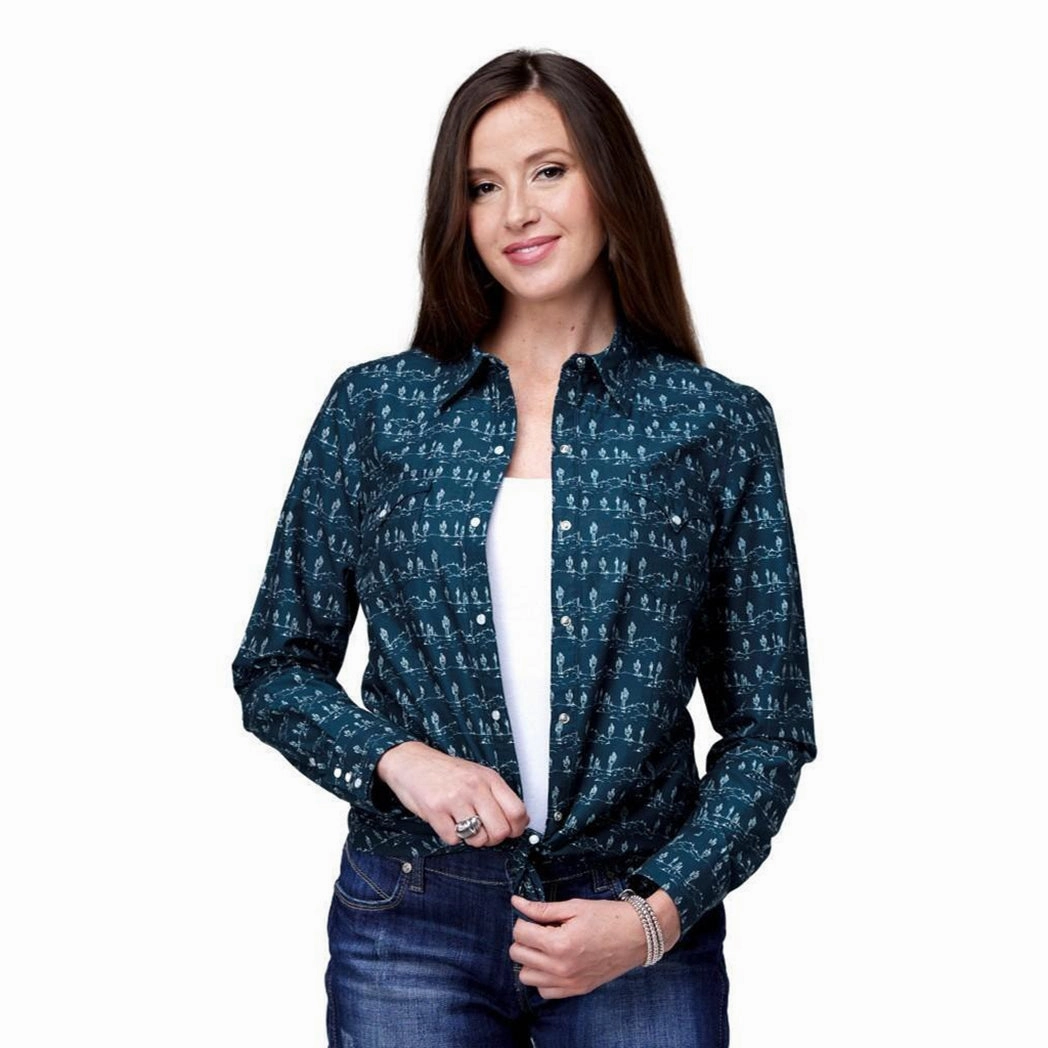Contrast Stitch Accent Roper Women's Teal Desert Scene Stripe Long Sleeve