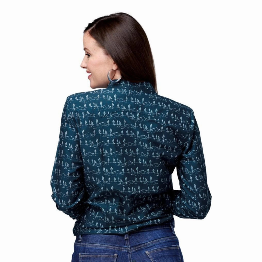 Roper Women's Teal Desert Scene Stripe Long Sleeve Midweight Four Way Stretch SweatWicking Fabric