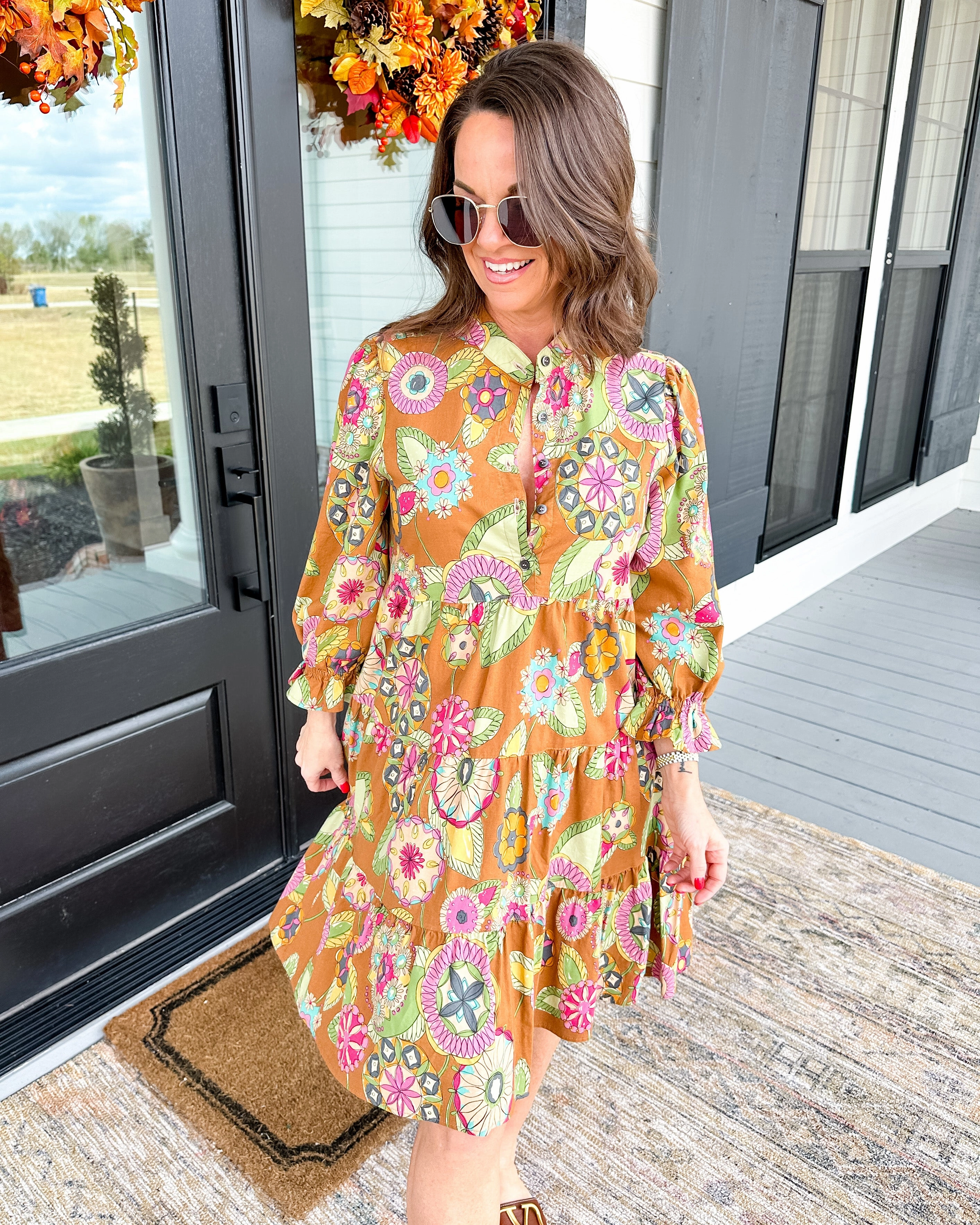 OdorControlTreatment Autumn Tiered mini Dress in Caramel