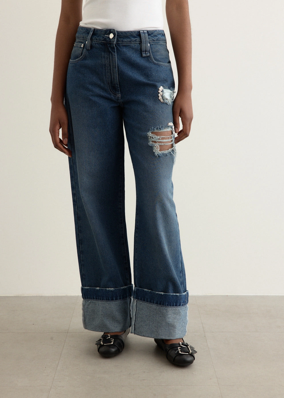 Distressed Embellished Straight Leg Jeans Closet Staple Chill Comfort