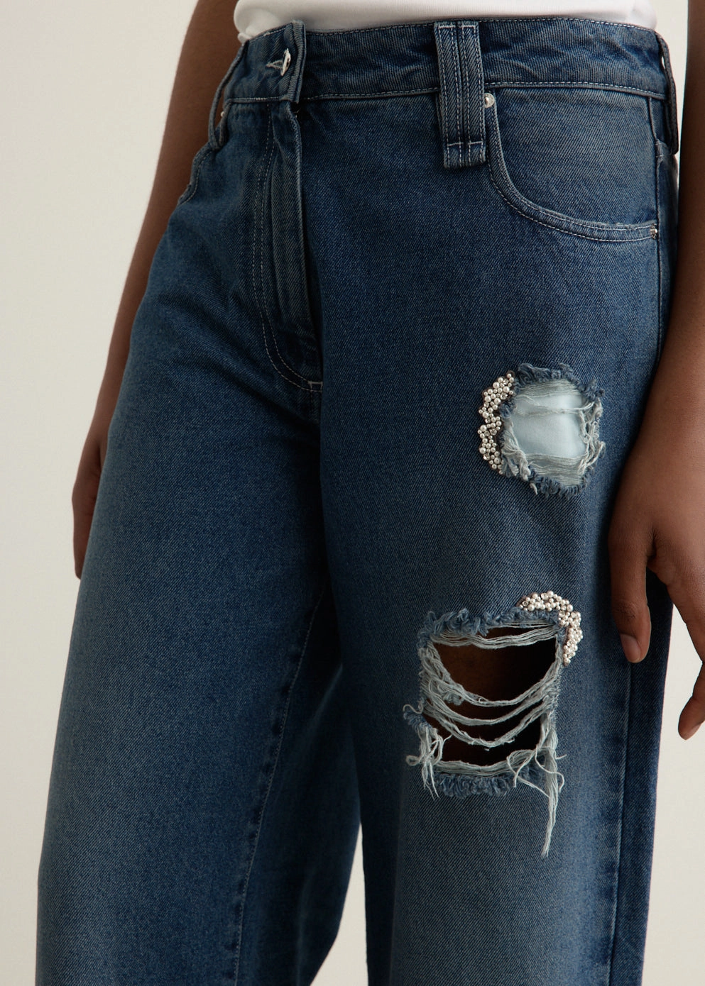 Distressed Embellished Straight Leg Jeans Loose Spring Mood