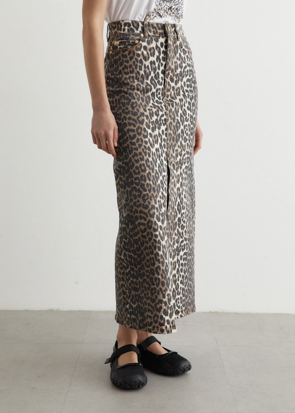 smooth zipper Print Denim Maxi Slit Skirt