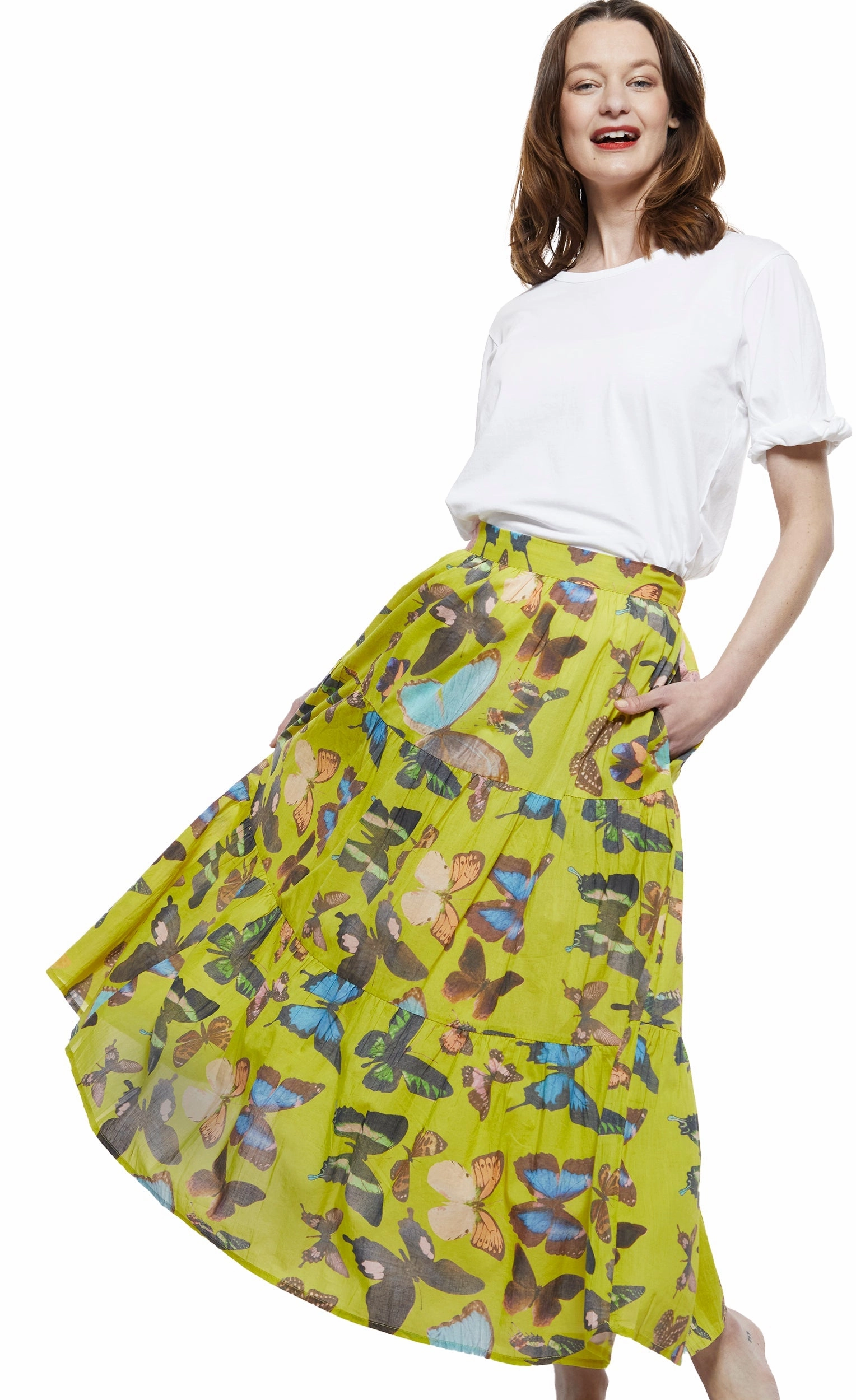 Woodstock Midi Skirt - Chartreuse With Butterflies Daily Mood