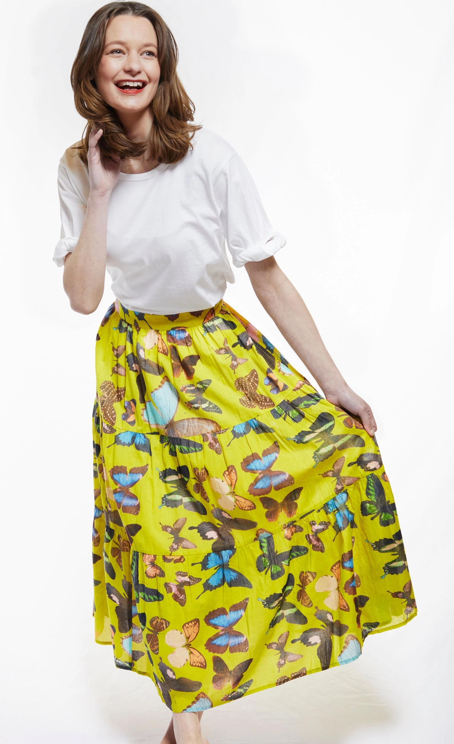 Slip Resistant Waistband Woodstock Midi Skirt - Chartreuse With Butterflies