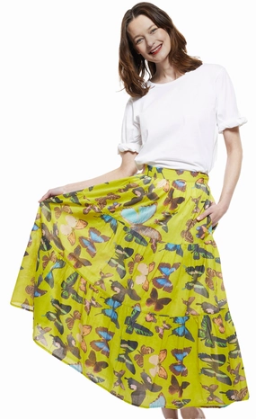 Woodstock Midi Skirt - Chartreuse With Butterflies Photoshoot Ready Sustainable Fabric