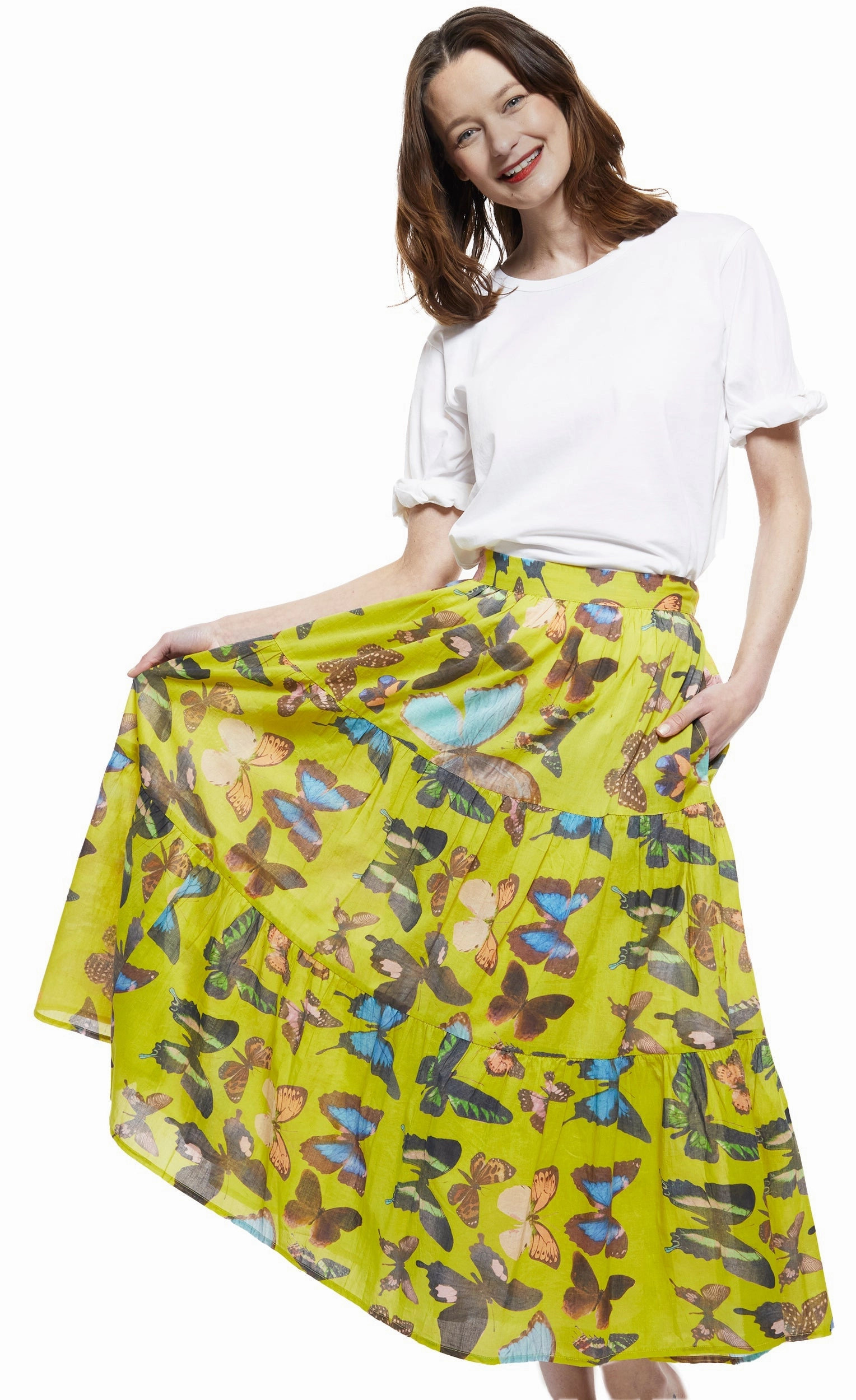 Quilted Texture Woodstock Midi Skirt - Chartreuse With Butterflies