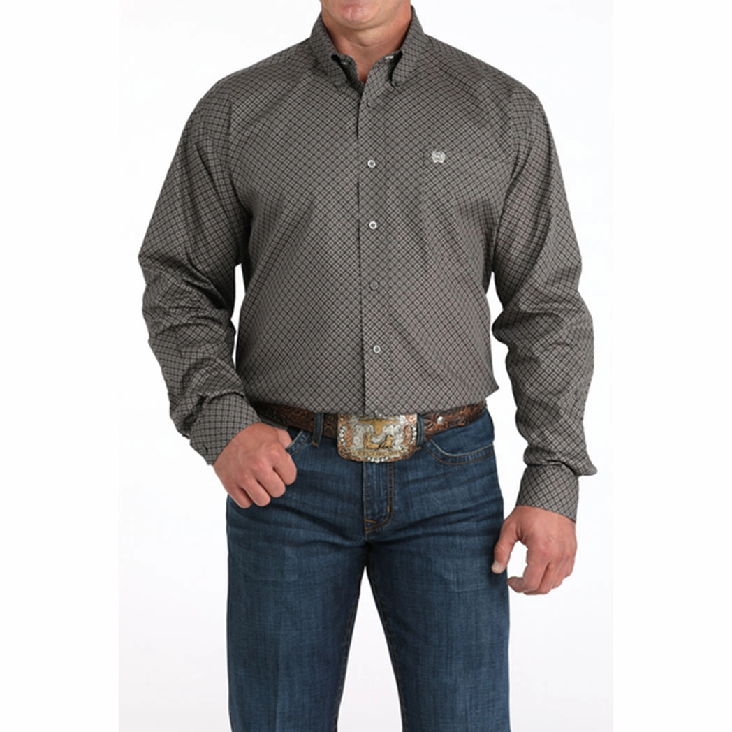 Cinch Men's Gray Geometric Print Long Sleeve Shirt Coastal Vibes Sporty Look