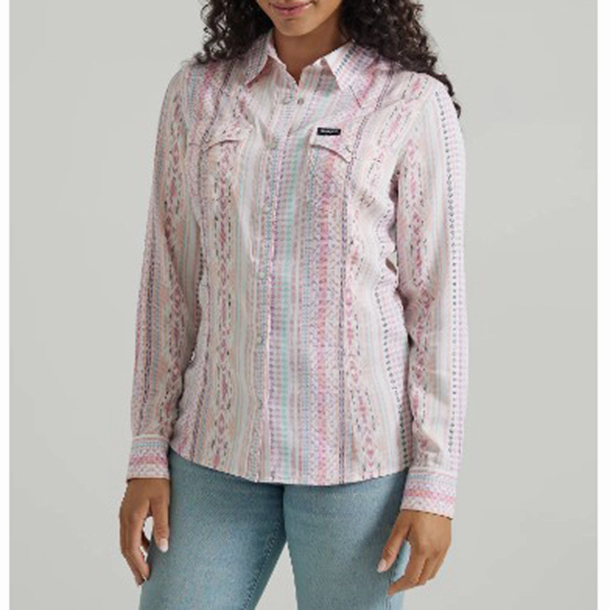 Wrangler Women's Pink Southwest Aztec Long Sleeve NaturalFiberBlend ContrastStitching