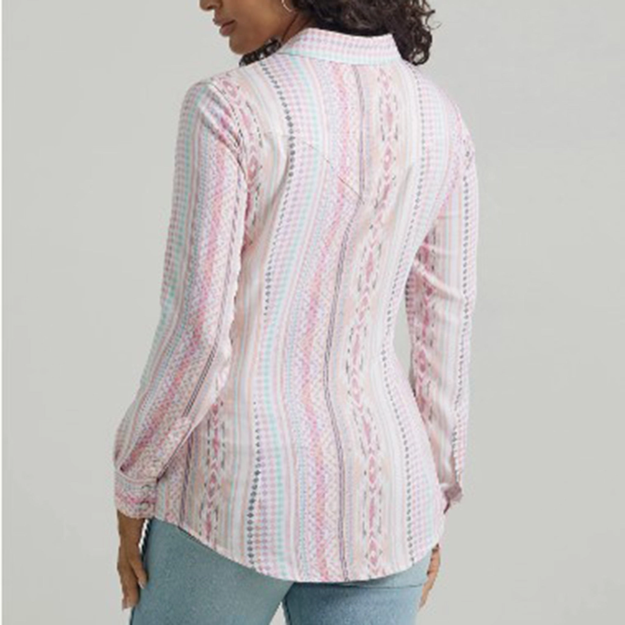 Drop Shoulder Design FlexibleCollar Wrangler Women's Pink Southwest Aztec Long Sleeve
