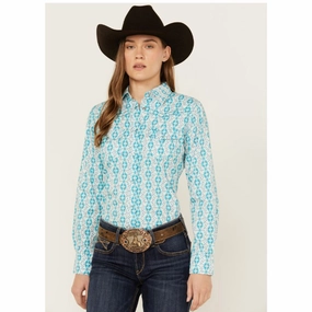 Cowboy Hardware Women's Turquoise Tonal Aztec Long Sleeve Circular Knit Technology FourWay Stretch