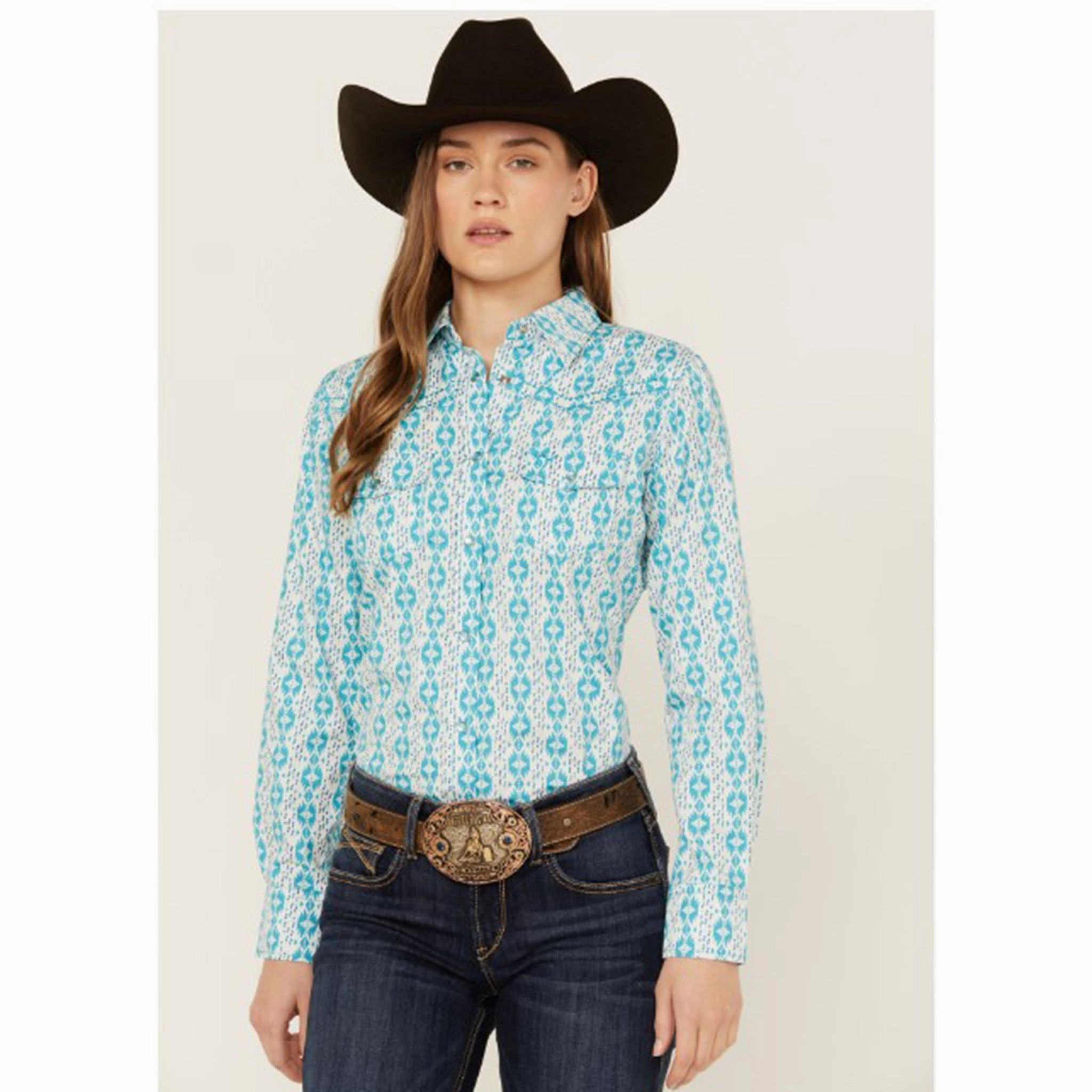 Cowboy Hardware Women's Turquoise Tonal Aztec Long Sleeve TearResistant Blends