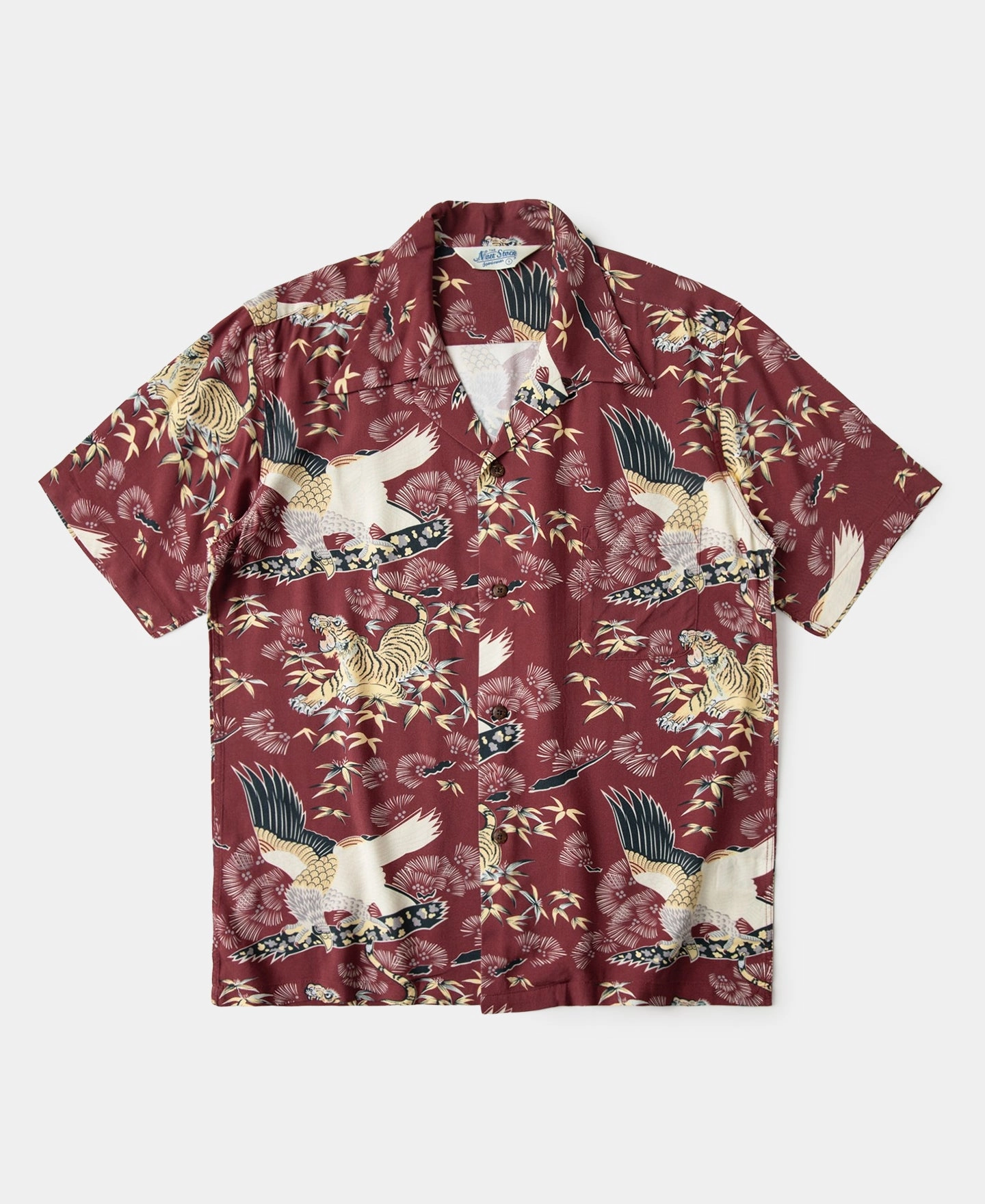 Subtle Details Lakeside Relaxation Ukiyo-e Tiger & Crane Pattern Aloha Shirt - Wine Red