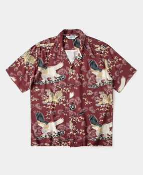 Ukiyo-e Tiger & Crane Pattern Aloha Shirt - Wine Red Multipocket Style