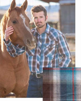 Wyoming Men's Blue and Brown Plaid Long Sleeve Shirt Soft Feel Embellished Neckline