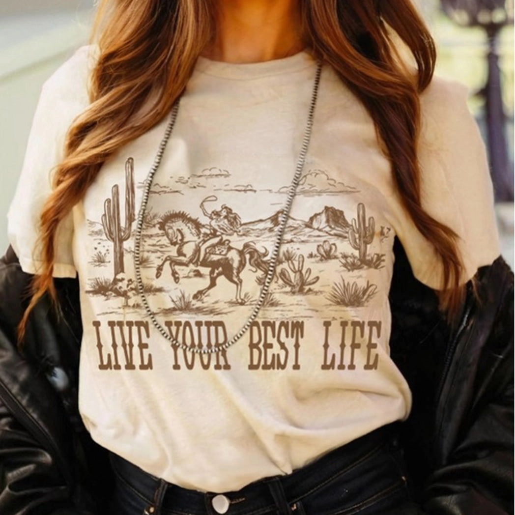 Women's Beige Live Your Best Life Desert Tee Flexible Ribbed Cuffs