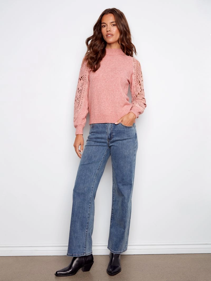 SoftTouch Layered Panel Construction Charlie B. Primrose Crochet Sleeve Mock