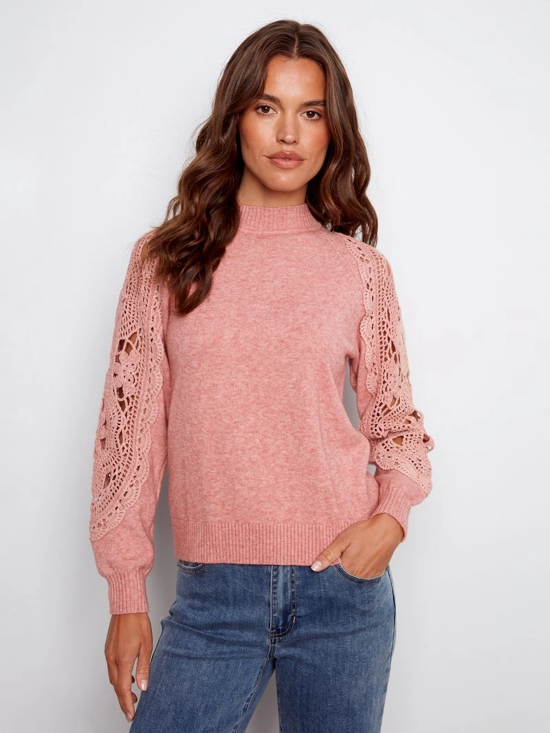 Charlie B. Primrose Crochet Sleeve Mock VNeckline
