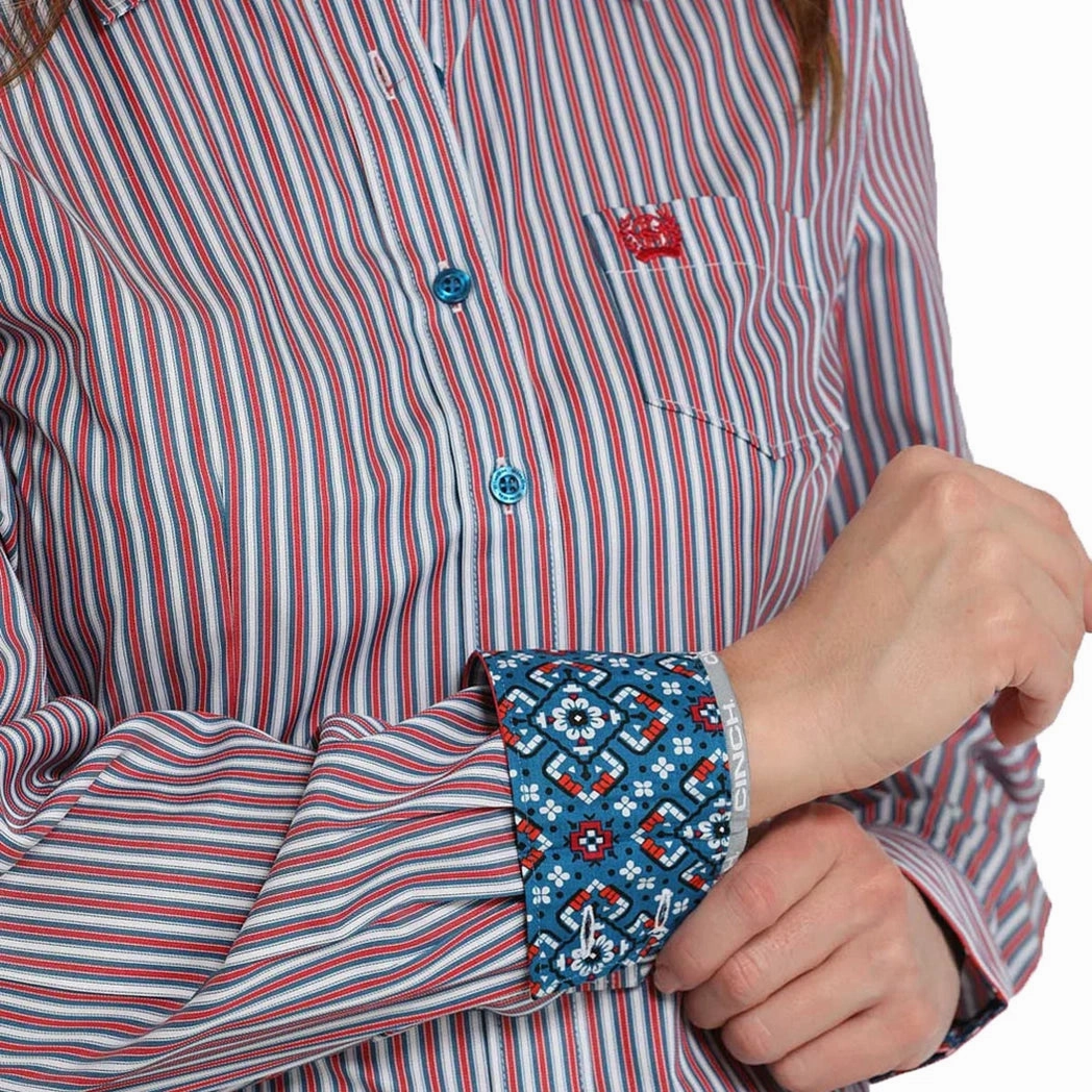 Cinch Women's Muti Striped Long Sleeve Button Down CroppedLength Tear Resistant Reinforcement