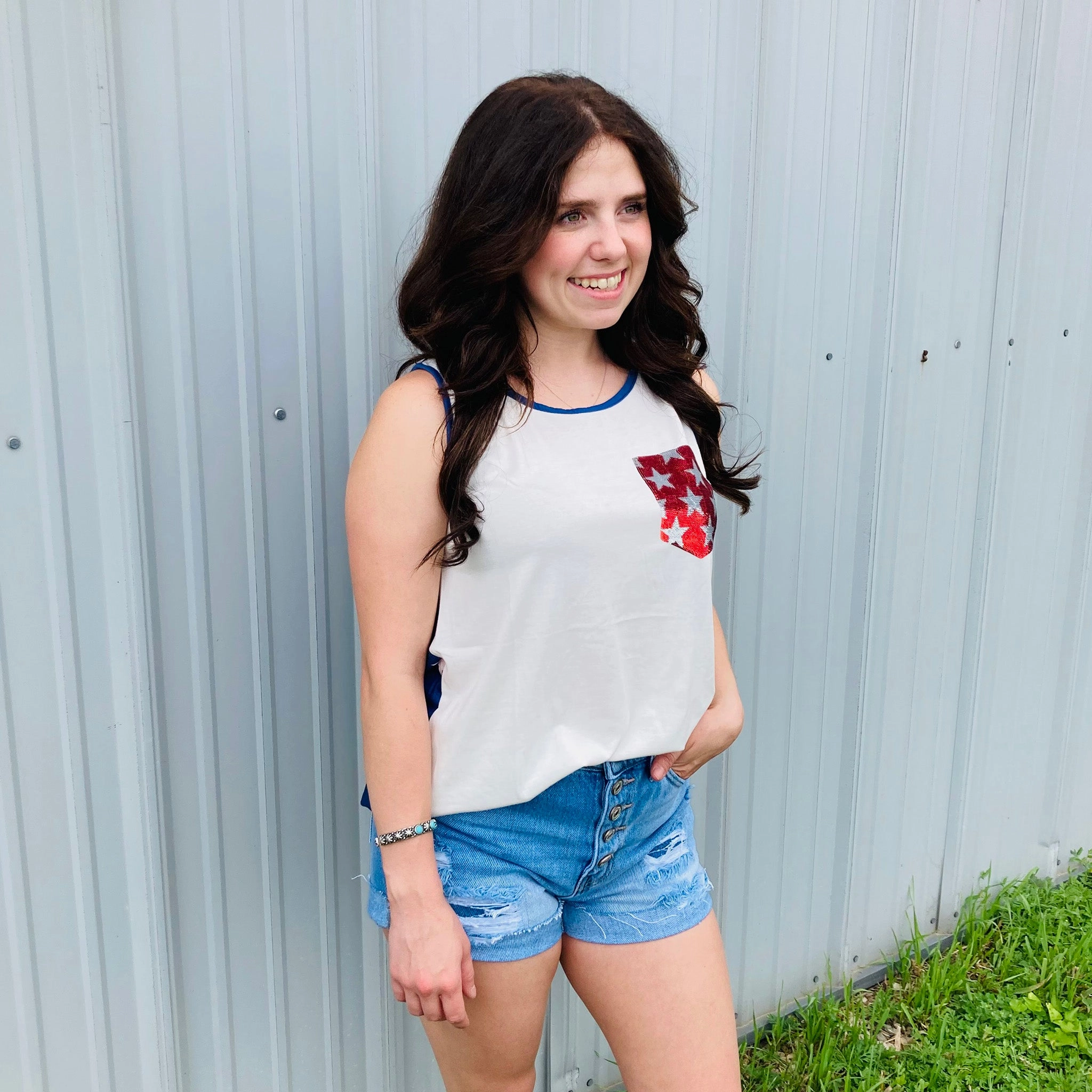 DurableWeave Layered Neckline Details Patriotic Tank