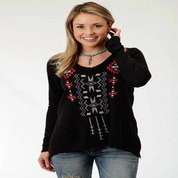 Soft Texture Flexible Ribbing Roper Women's Aztec Front Black Long Sleeve