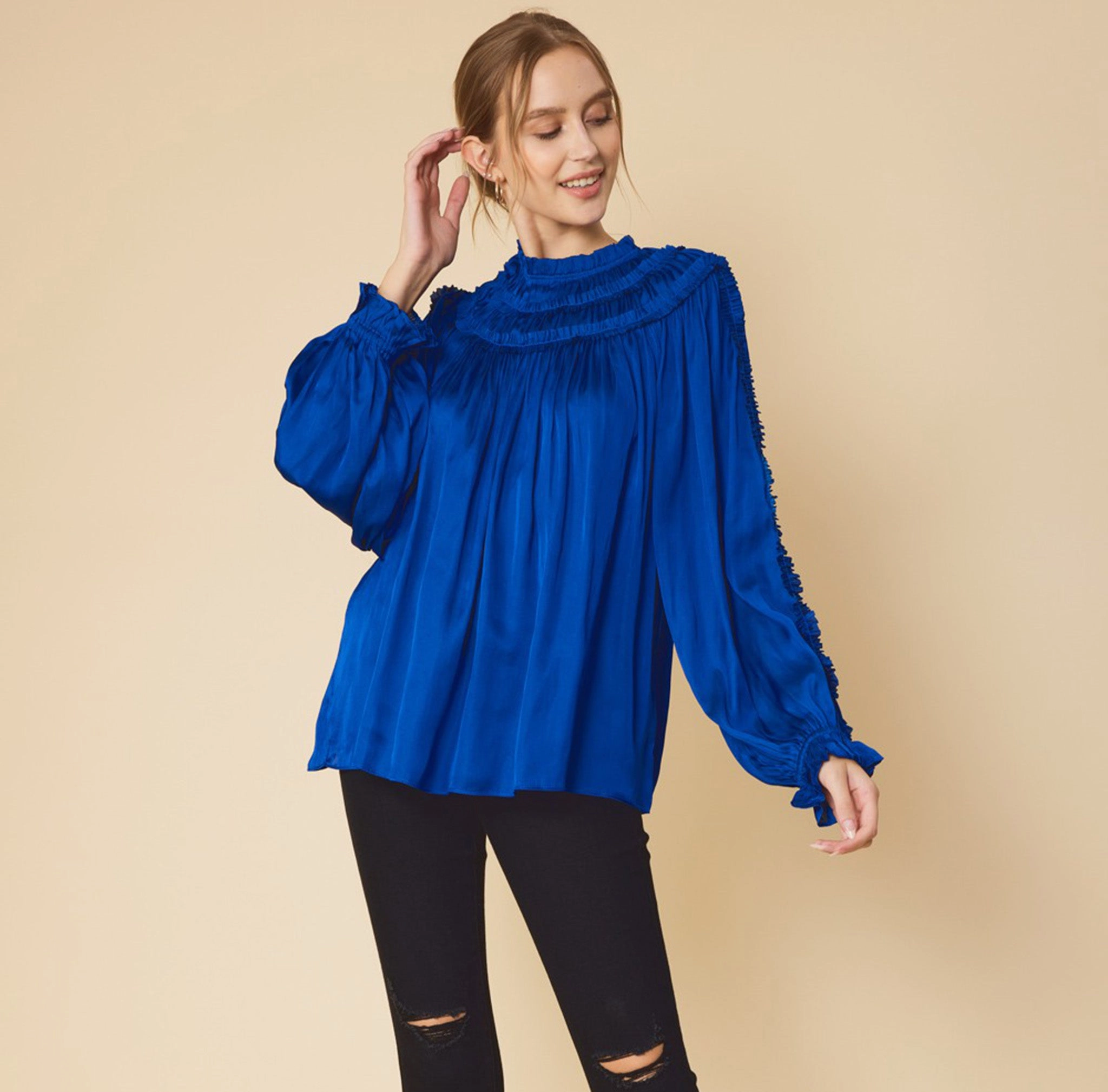 FSL Women's Solid Ruffled Satin Long Sleeve SelfFabric Binding Trendy Shirt