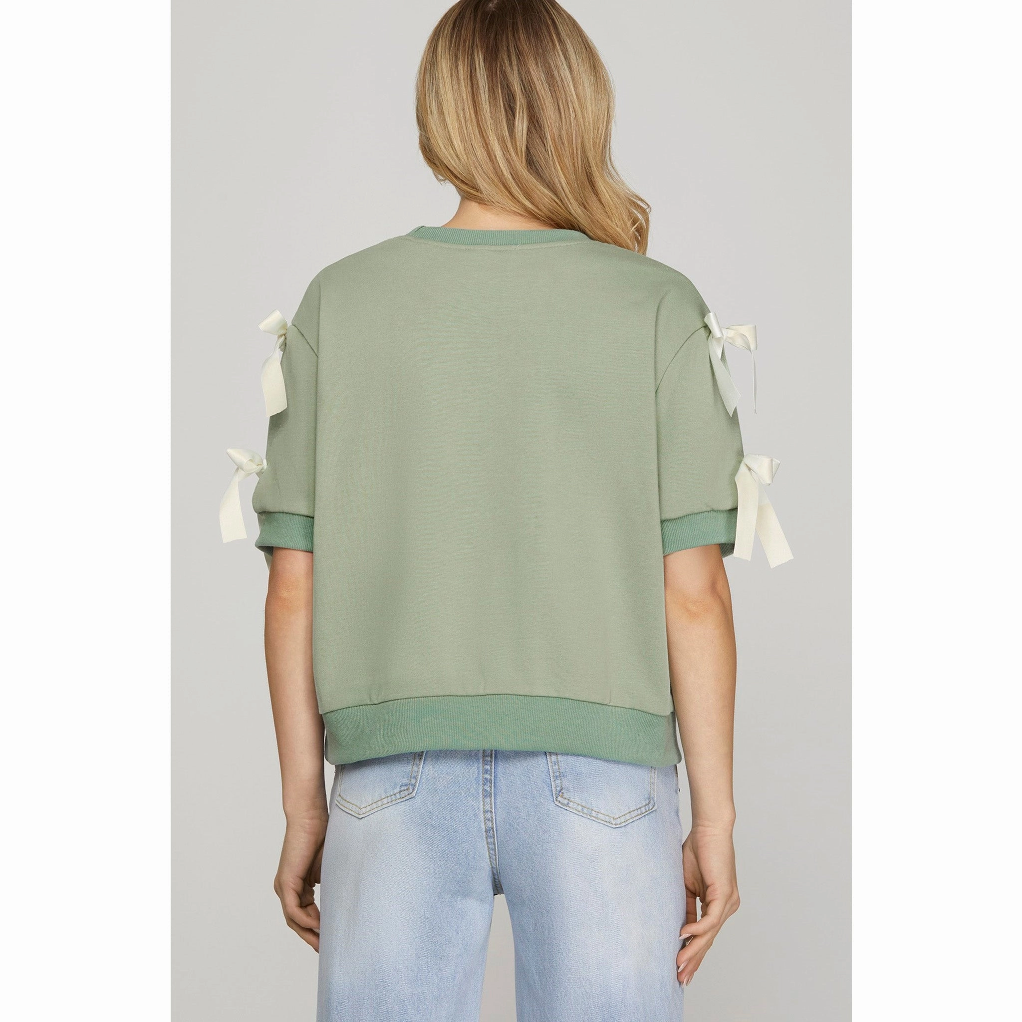 Resilient Elasticity Seafoam Short Sleeve Top with Cream Accent Bows