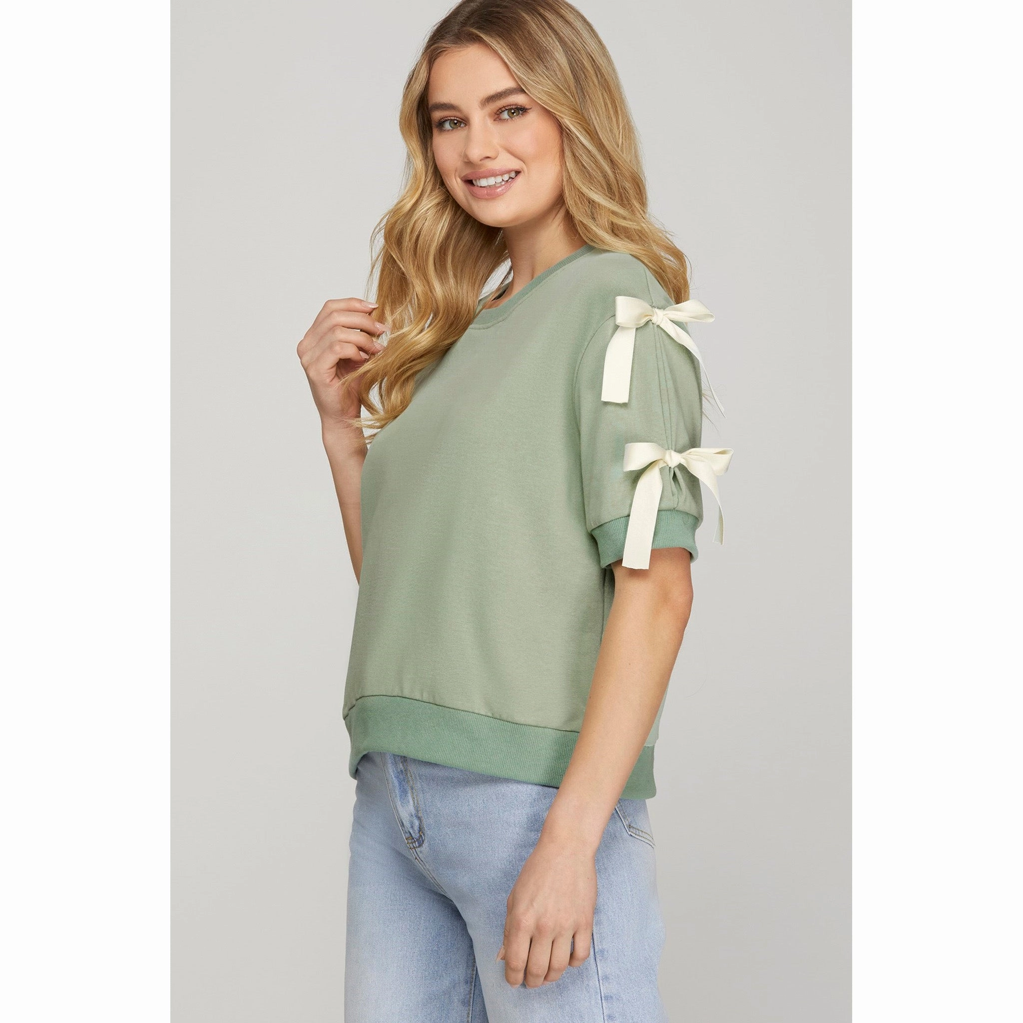 Seafoam Short Sleeve Top with Cream Accent Bows Breathable Construction Easycare