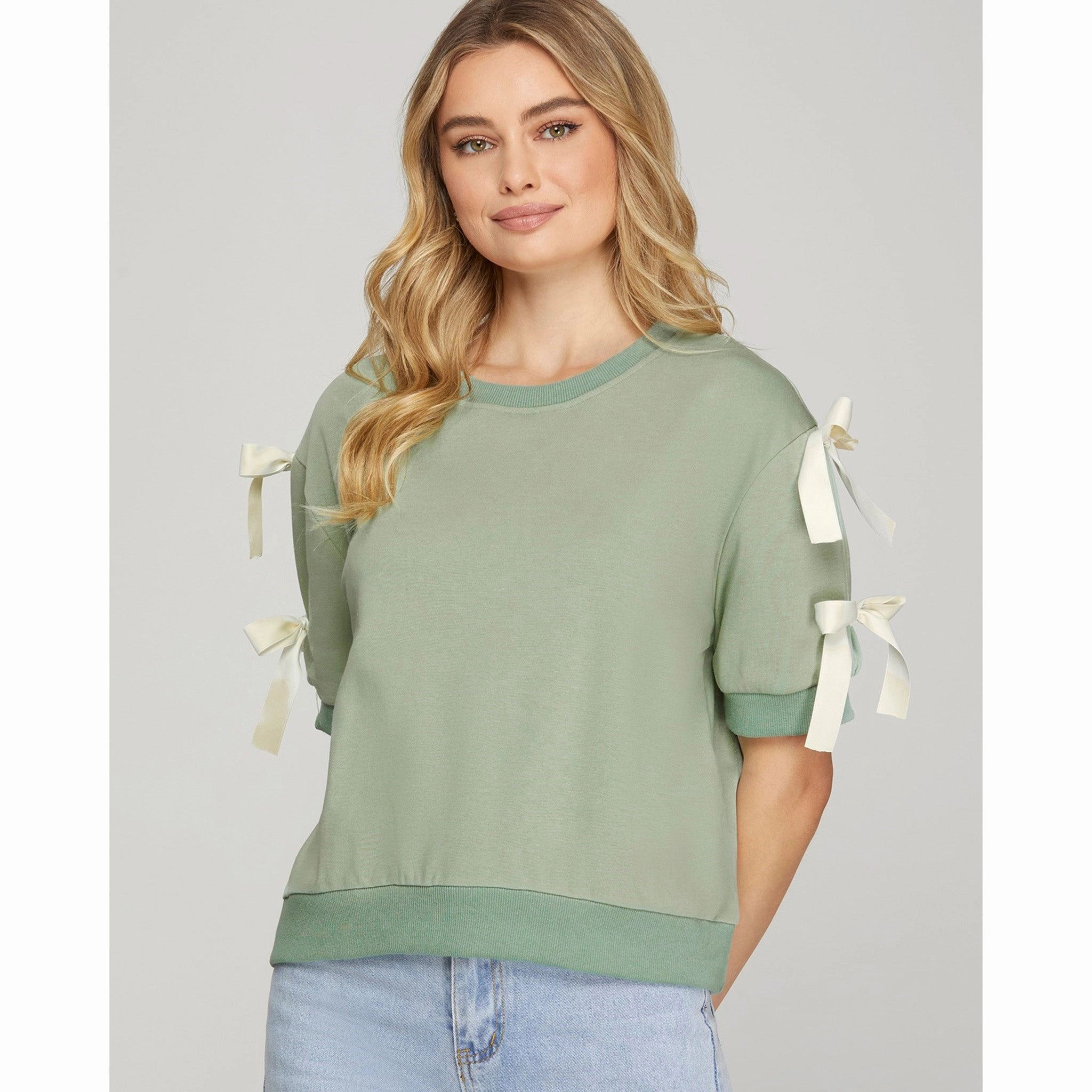 AllDay Comfort Seafoam Short Sleeve Top with Cream Accent Bows