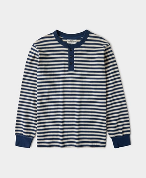 Breton Striped Henley Long Sleeve T-Shirt - Blue/Apricot Simple Layer ColorfastFabricTech