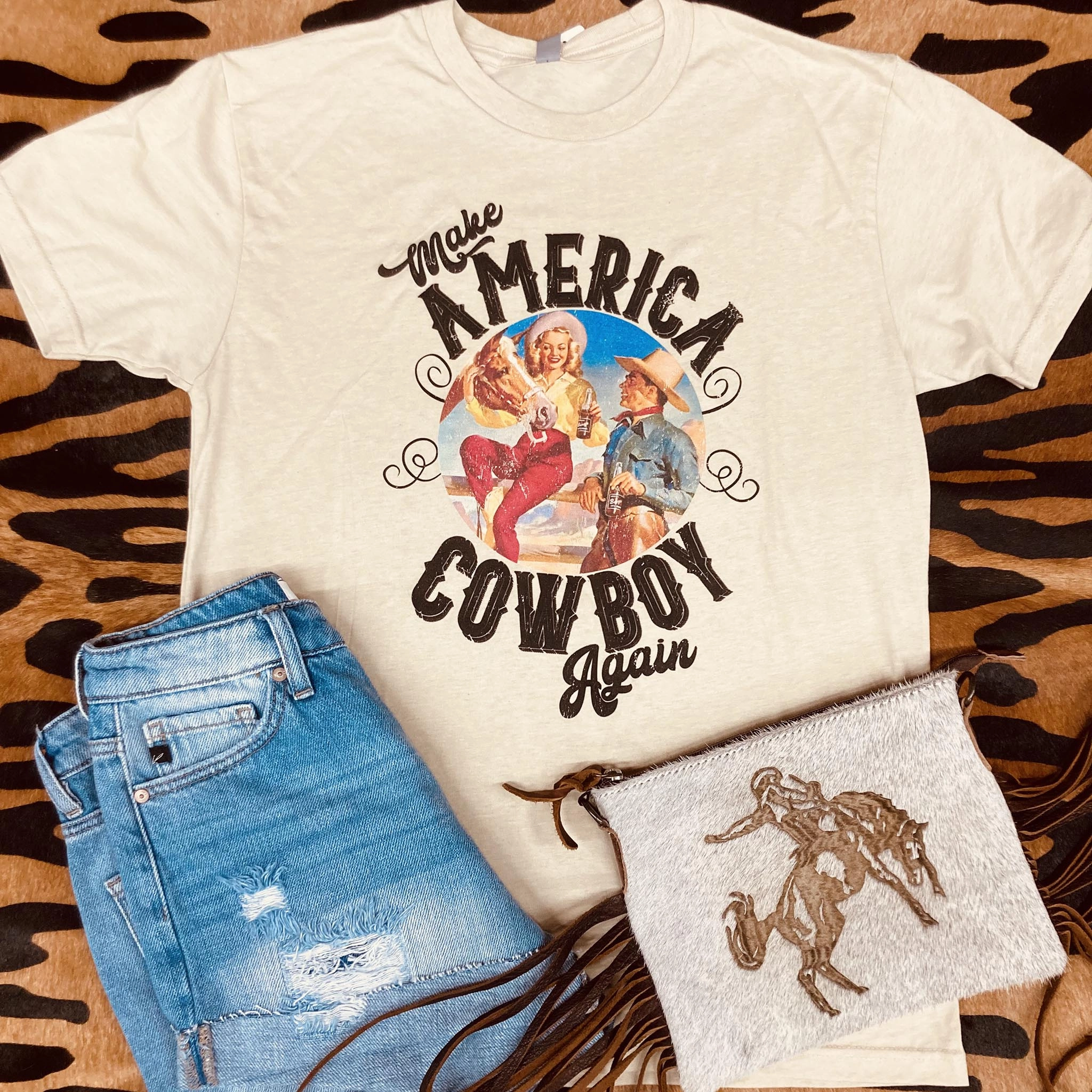 Rebel Rose Make America Cowboy Again Cream Tee Bamboo Derived Material