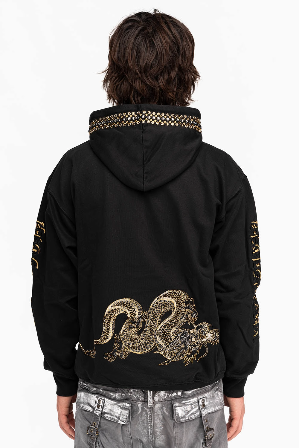 Double Layered Collars Cozy Fashion DRESSED UP PULLOVER HOODIE WITH CRYSTALS IN BLACK