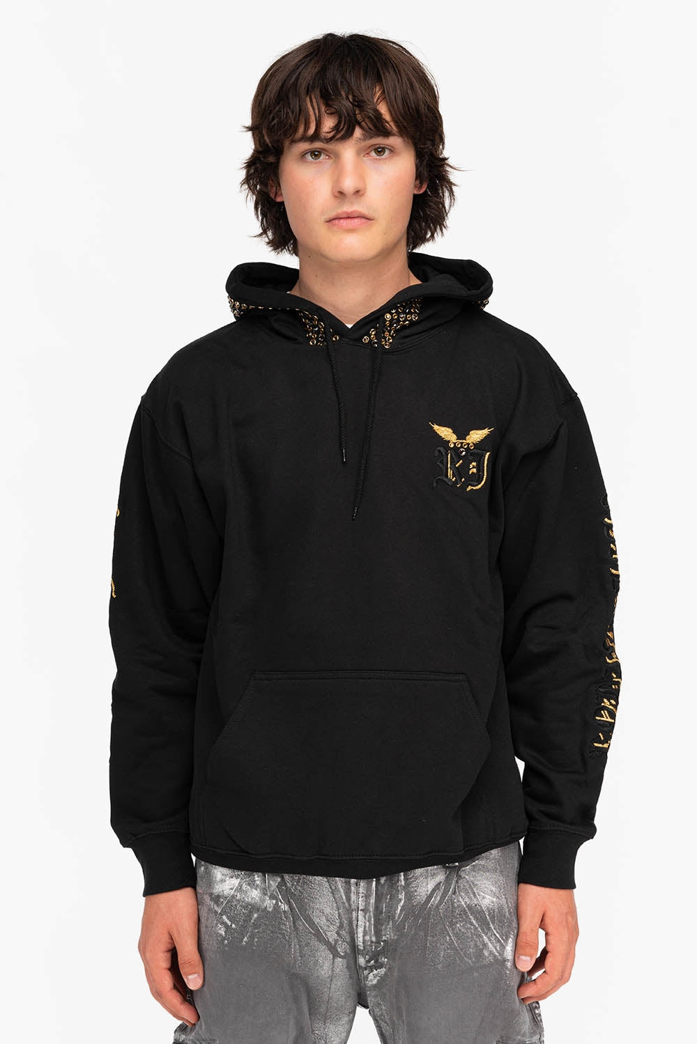 Zero Pilling Guarantee DRESSED UP PULLOVER HOODIE WITH CRYSTALS IN BLACK