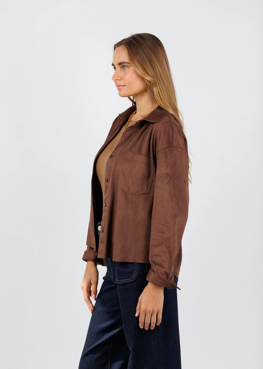 Driane Faux Suede Shirt - Brown High Density Weave Loose Sweater