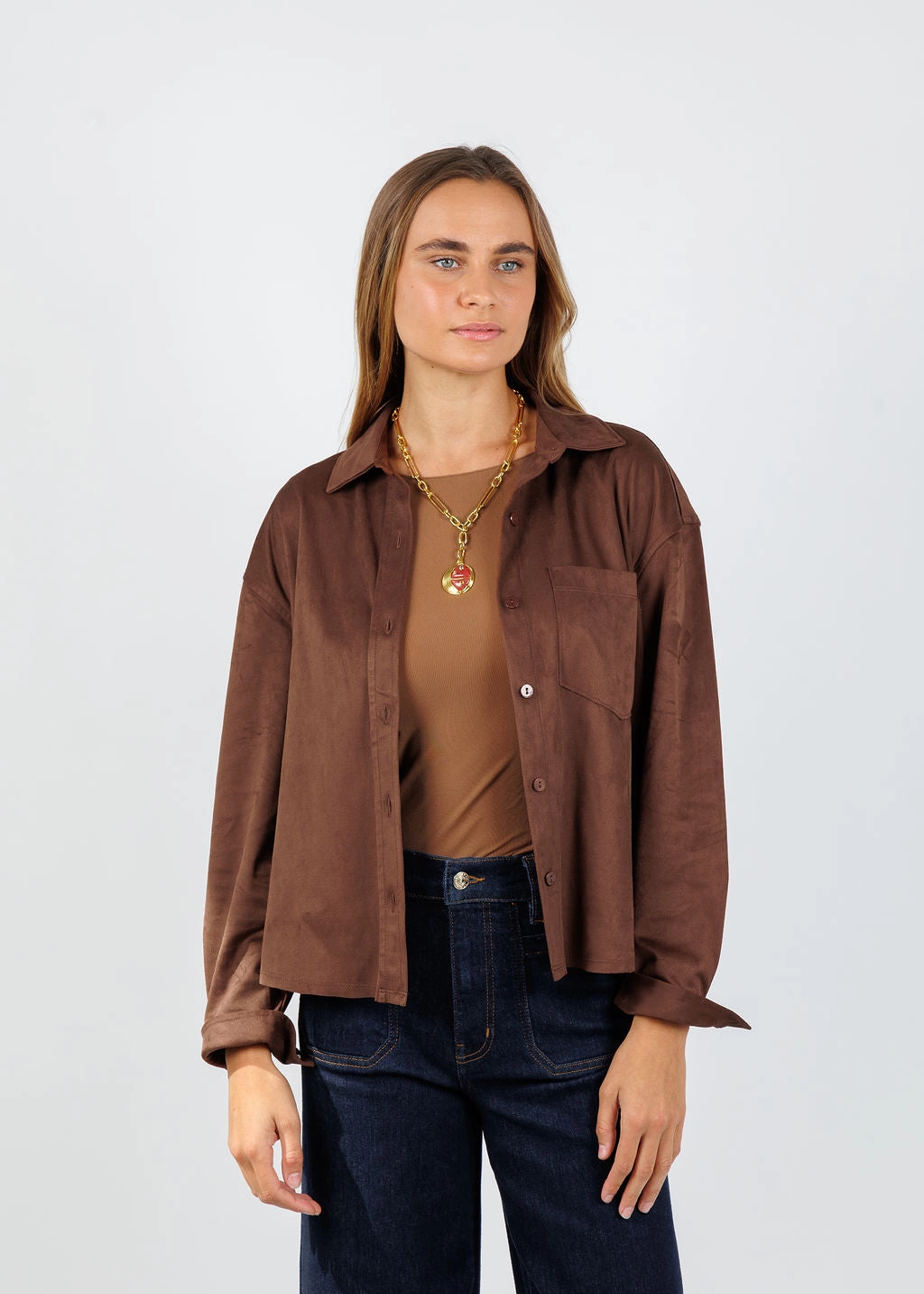 Driane Faux Suede Shirt - Brown High Density Weave BondedHemline Ultraviolet Protection Finish